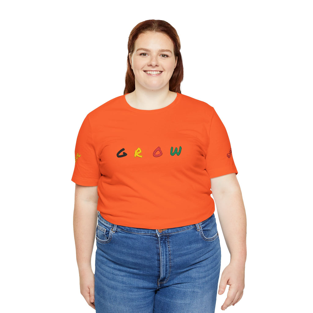 Grow Unisex embroidered Jersey Tee, positive streetwear, Evolve & Thrive on Sleeves