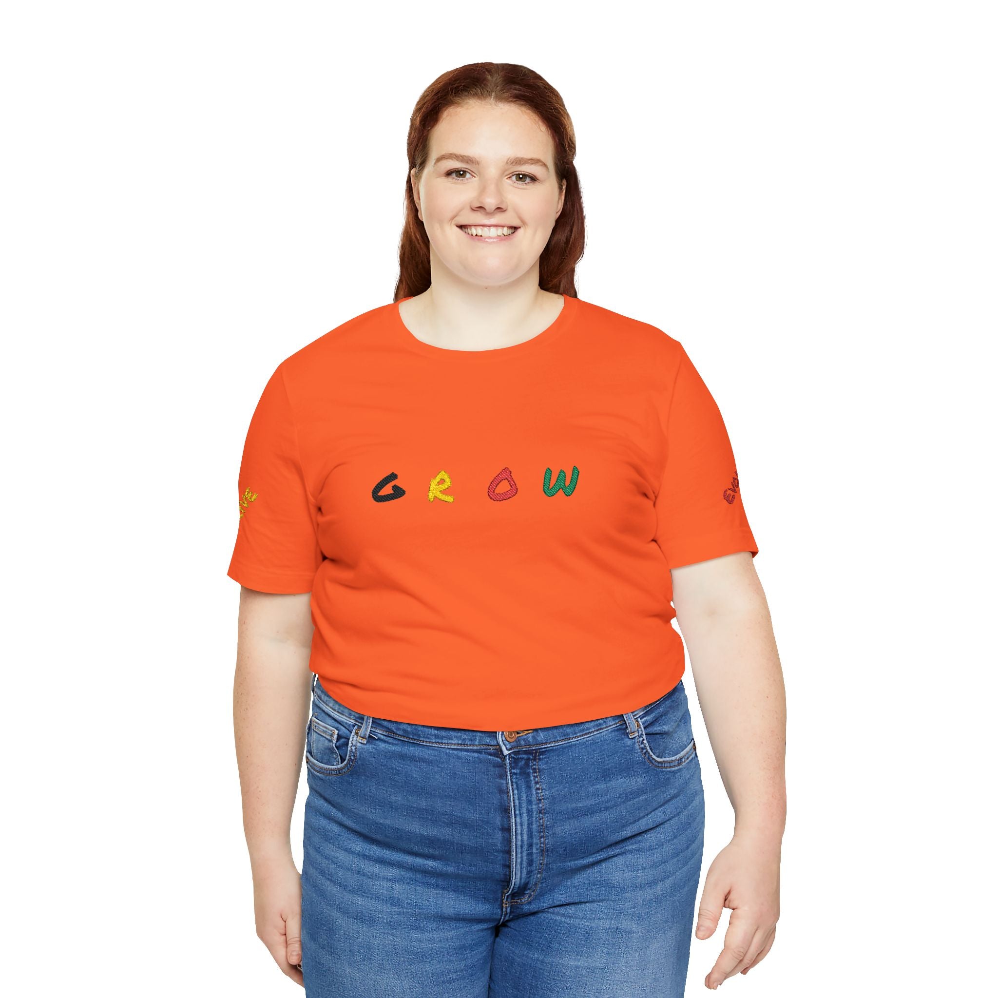 Grow Unisex embroidered Jersey Tee, positive streetwear, Evolve & Thrive on Sleeves
