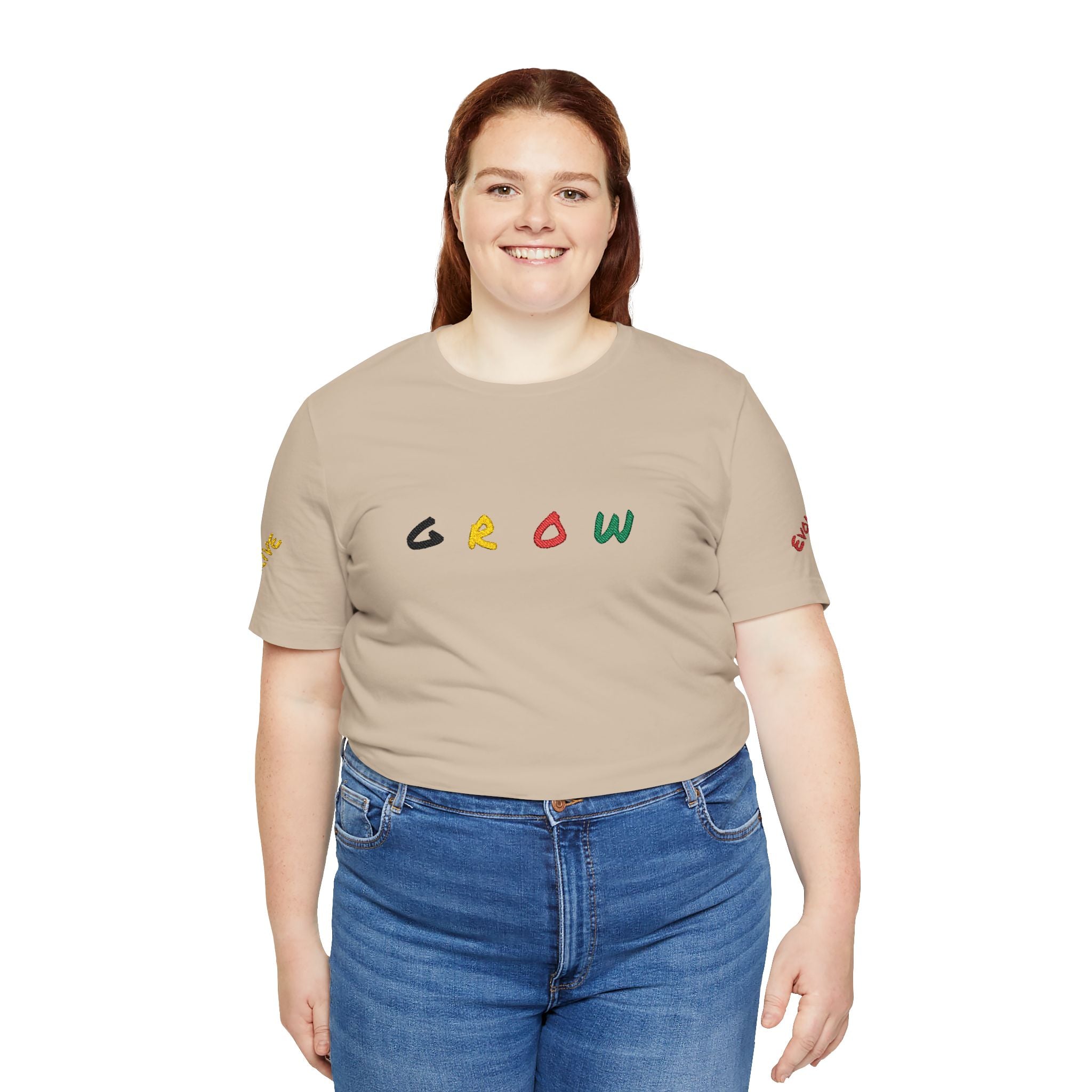 Grow Unisex embroidered Jersey Tee, positive streetwear, Evolve & Thrive on Sleeves