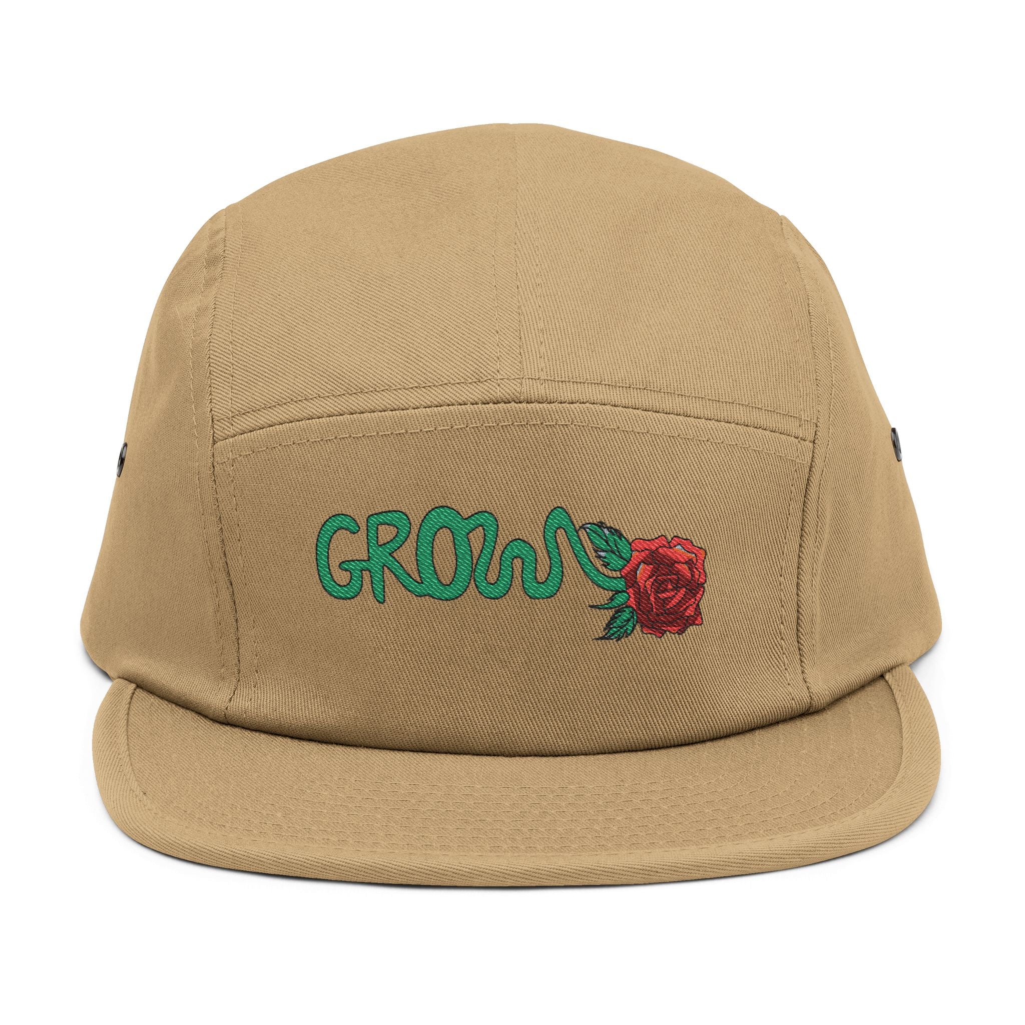 The Grow Clothing™ Embroidered 5 Panel Cap – Grows ICON  Design with rose on the back.