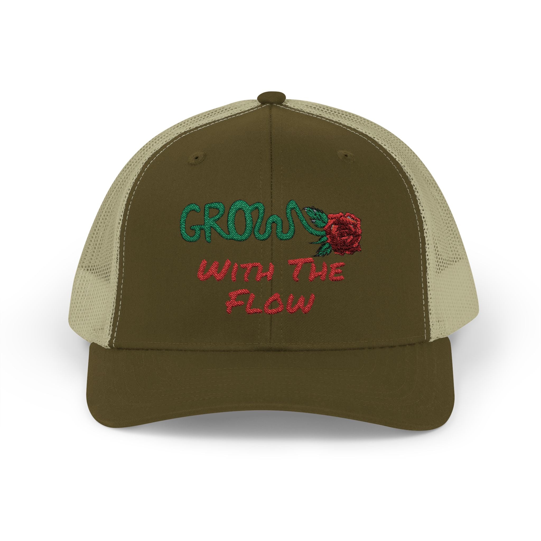 The Grow Clothing™ Embroidered 'Grow with the Flow' Snapback Cap | Mid-Profile Trucker Snapback Hat - Unisex, comfortable, affordable