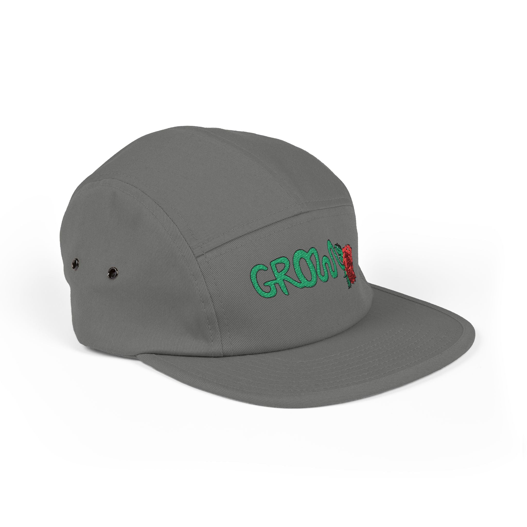 The Grow Clothing™ Embroidered 5 Panel Cap – Grows ICON  Design with rose on the back.